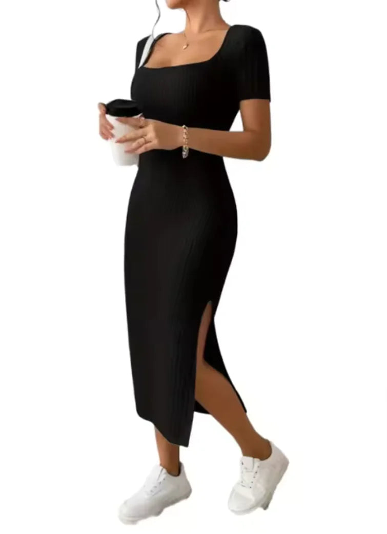 Elegant Ribbed Midi Dress with Side Slit