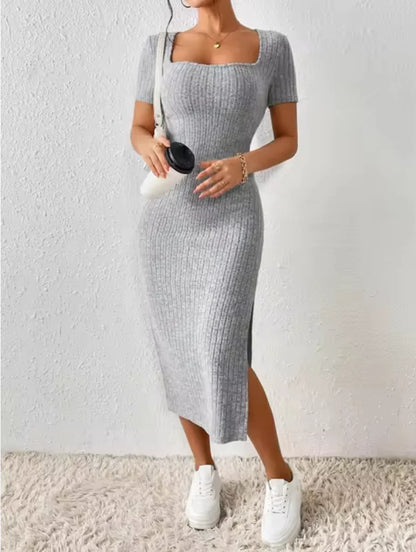 Elegant Ribbed Midi Dress with Side Slit